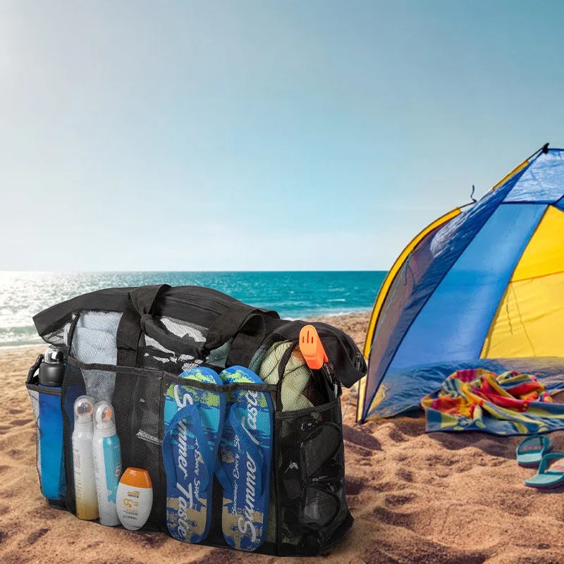 Extra Large Waterproof Beach Bag — Foldable with Mesh Straps & Zippered Pockets